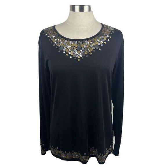Marina Rinaldi Sweater Top M Womens Black Sequins Long Sleeves Silk Blend - Picture 1 of 12